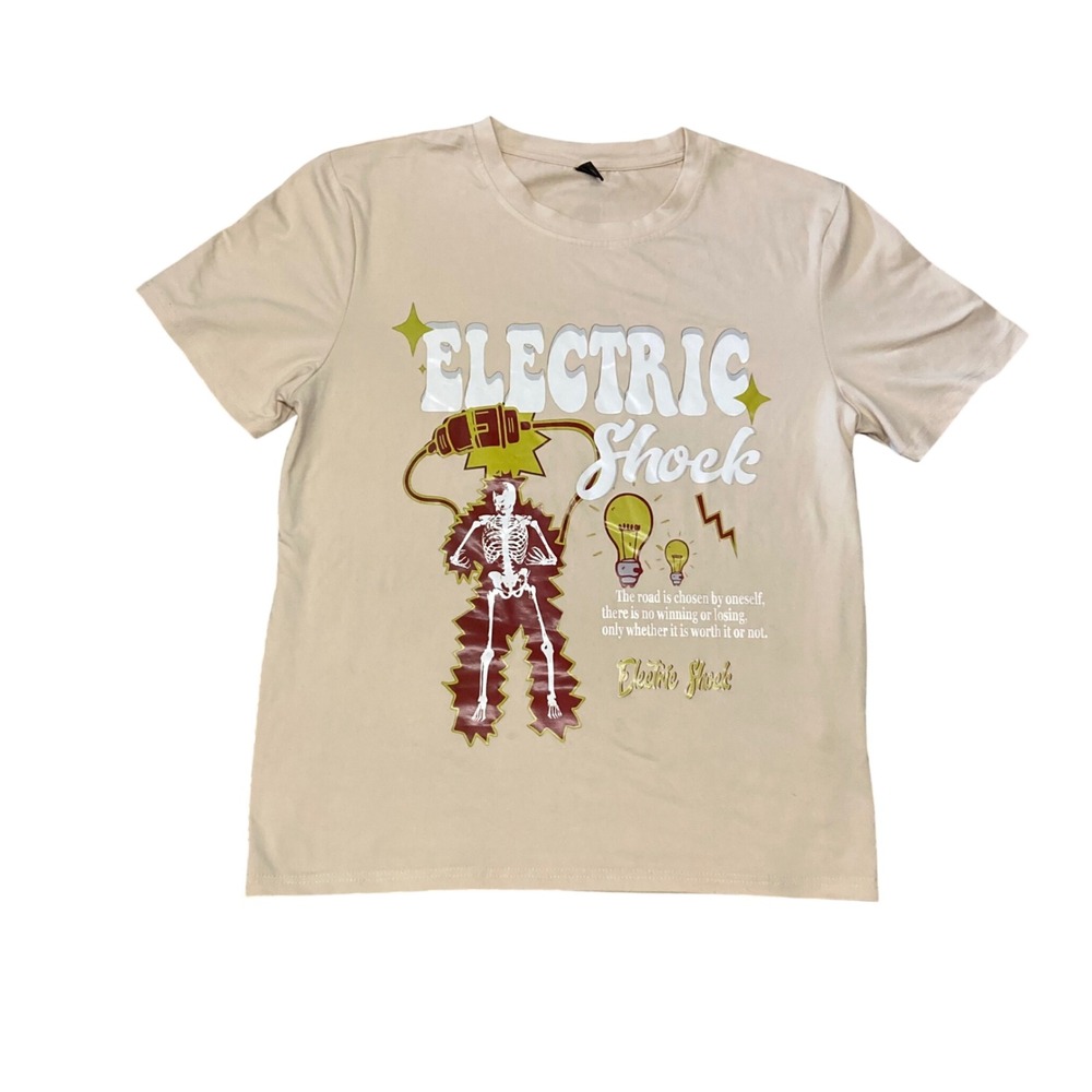 Romwe Mens Electric Shock Skeleton Graphic Tee Tan Short Sleeve T-Shirt Small